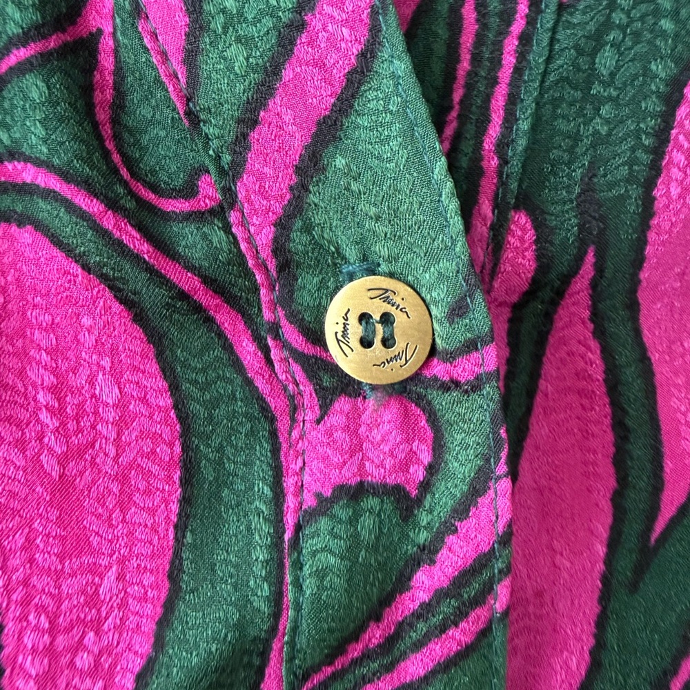 Trina Turk 100% Silk Jacquard Blouse Pink Green Button Front Resort Top Petite - Picture 4 of 7